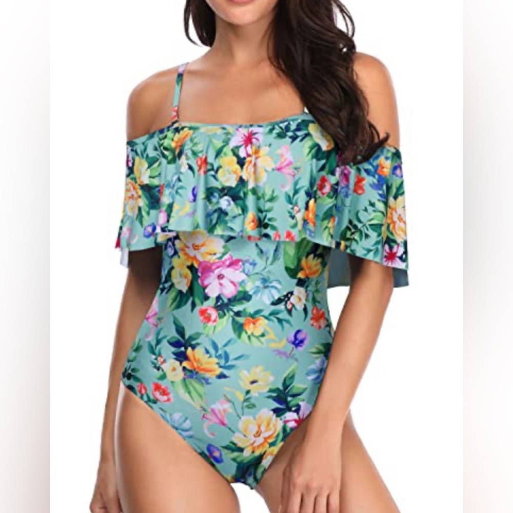 NWT Tempt Me Teal Floral Off Shoulder Flounce Ruffle Swimsuit Women’s L US 12-14